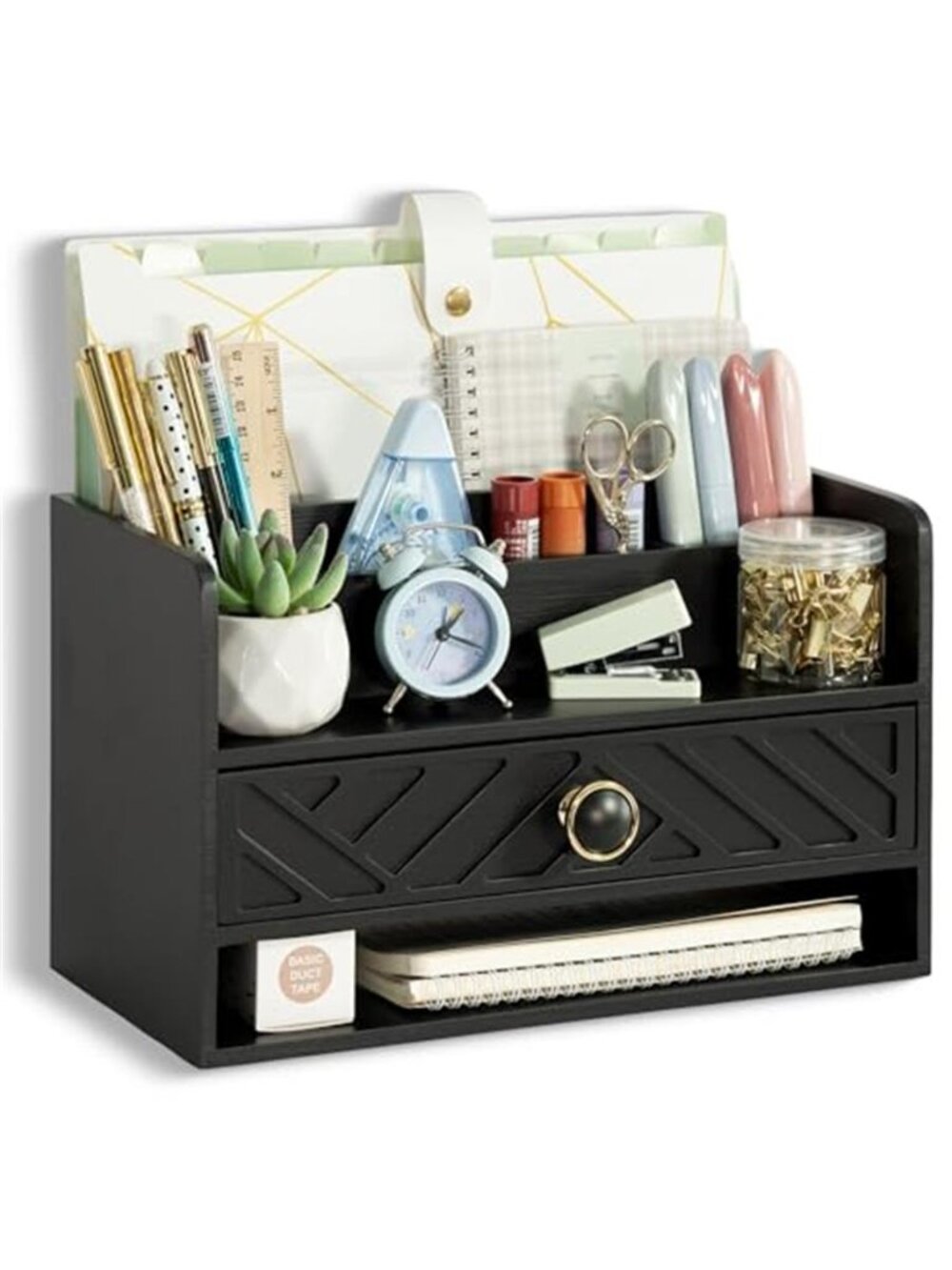 Wood Desk Organizer With Drawer Office Storage Pen Holder Mail File Organizer